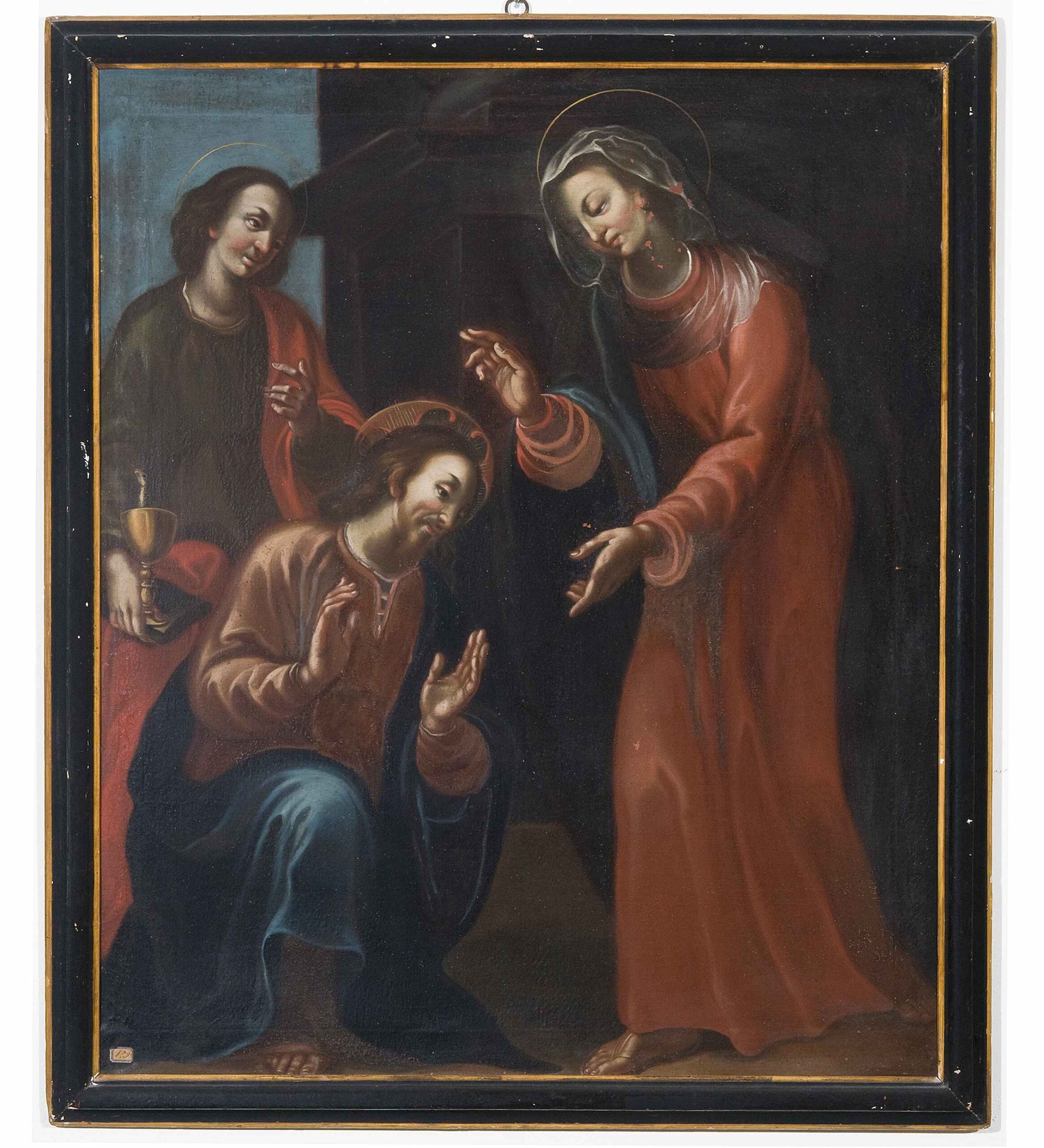 Gesù in ginocchio davanti a Maria e San Giovanni