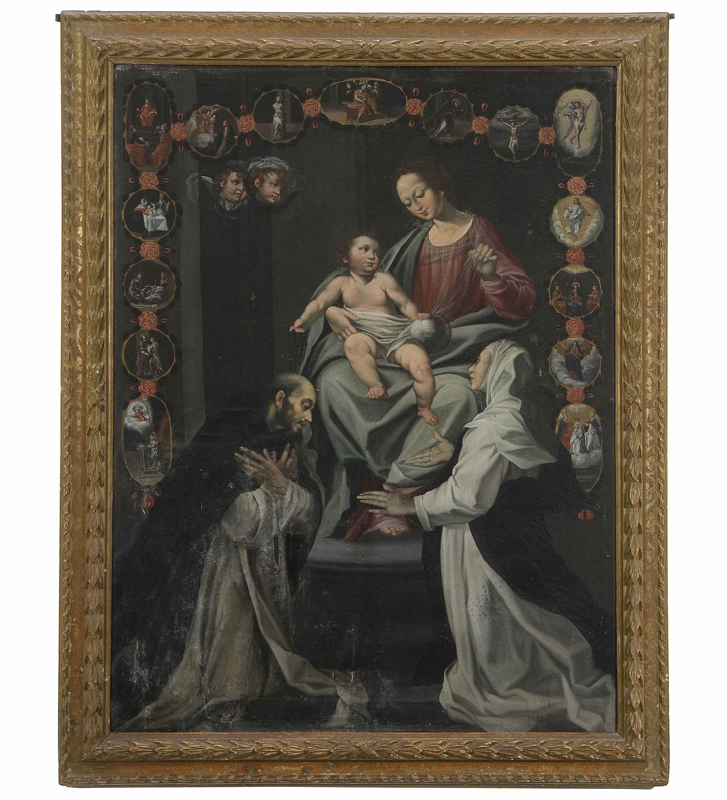 Madonna con Bambino, San Domenico, Santa Caterina da Siena e i misteri del Rosario