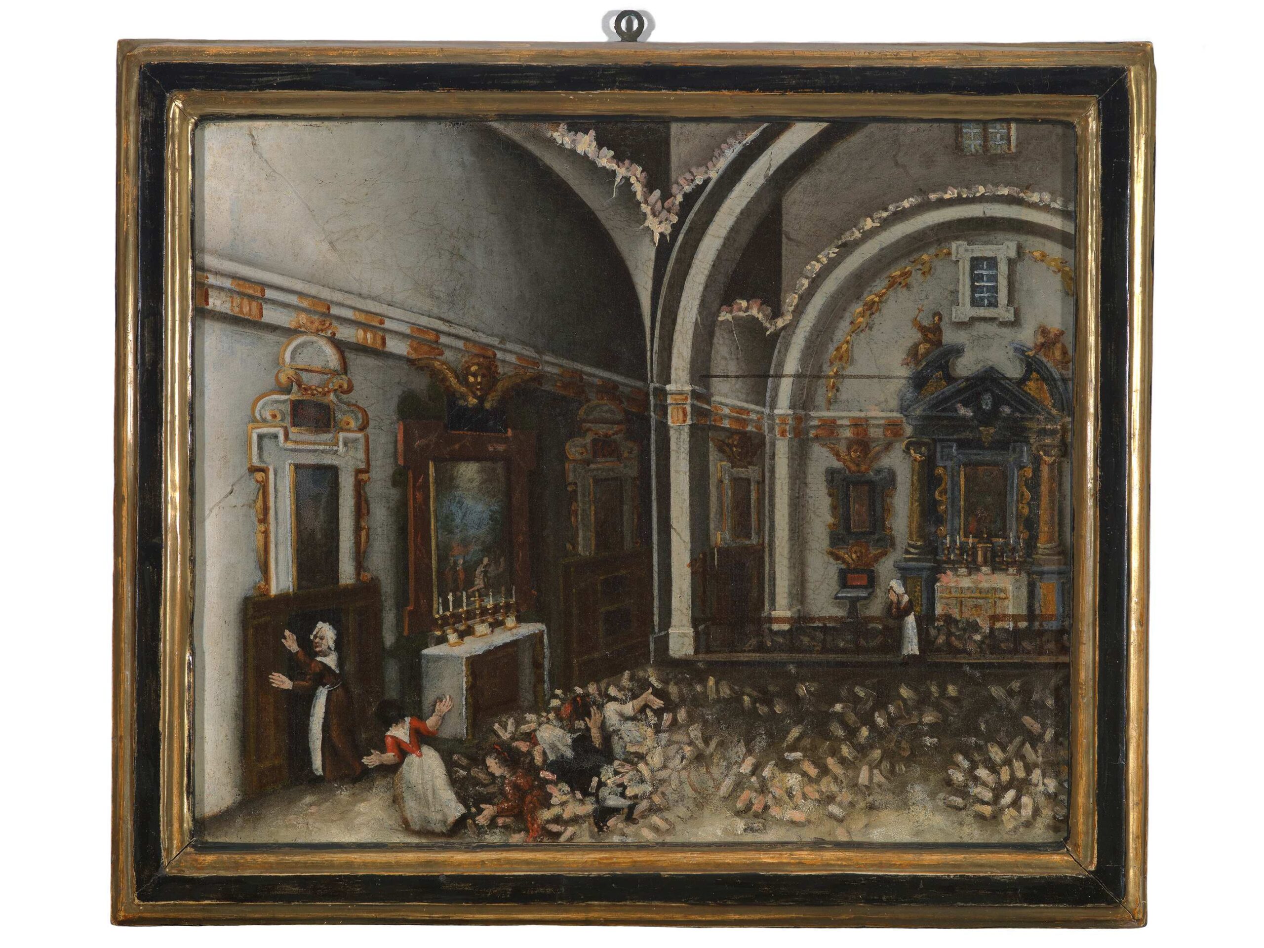 L’interno della chiesa di San Raimondo durante il terremoto del 1798